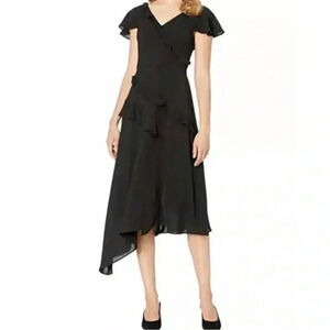 NWT • Adrianna Papell • Sz 6 (M) •‎ Black Gauzy Crepe Ruffled FIT & FLARE Ruffle